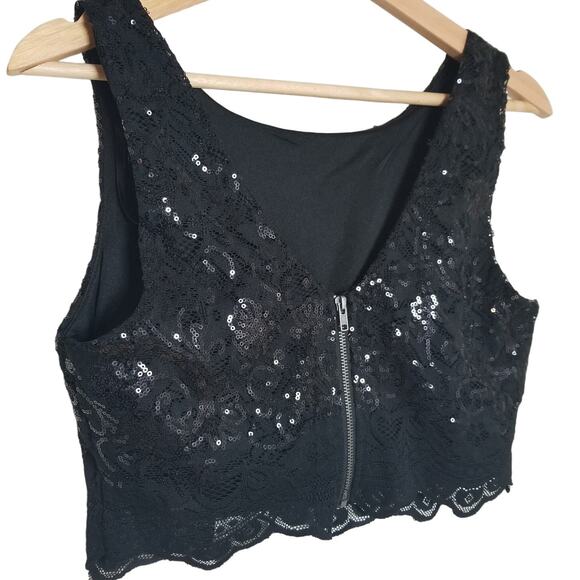 City Studio Lace Crop Top Sequins Sz 5 Black Whimsygoth Statement Club Party Fun - Picture 7 of 8